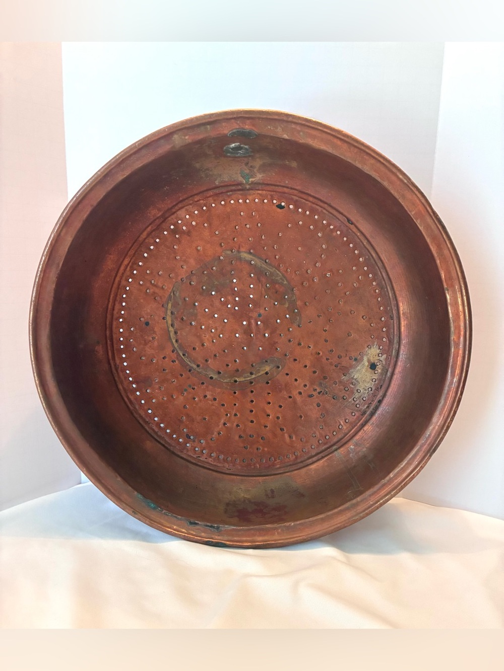 XL Antique Hand Punched Copper Colander Sieve Strainer Bowl